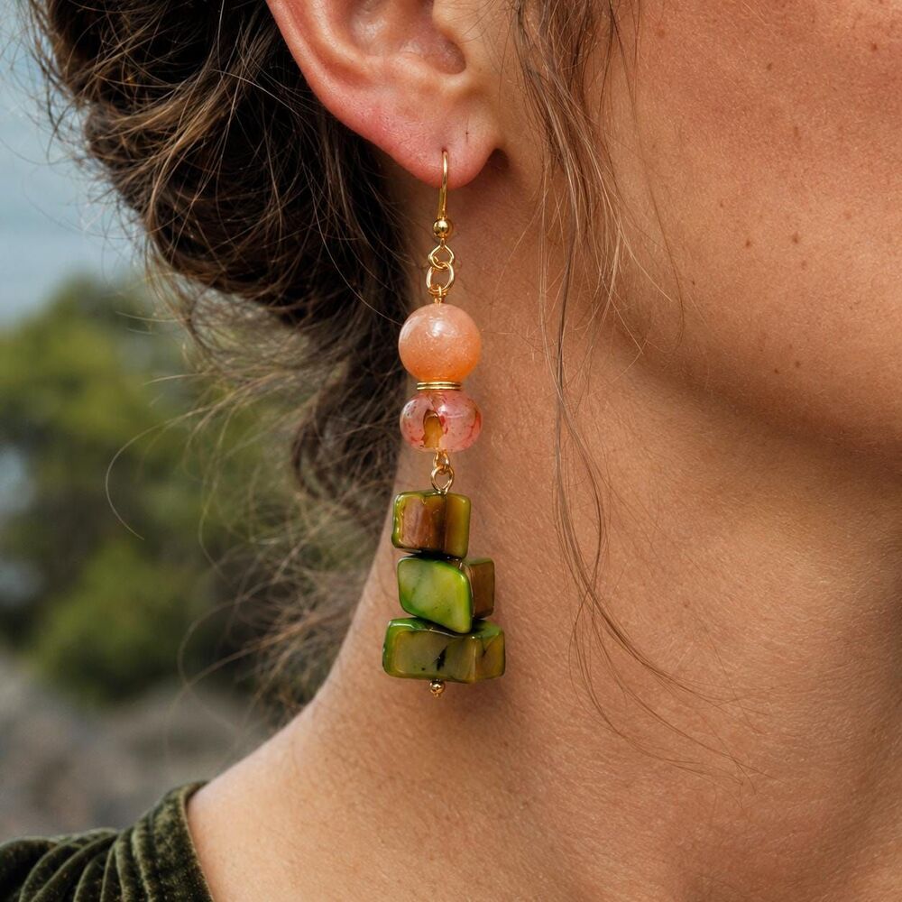 Pink Sunstone & Green Mother of Pearl Shell Dangle Earrings